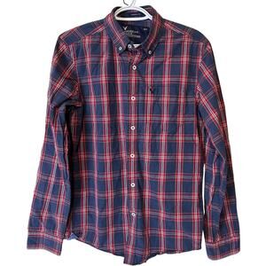American Eagle Plaid Men’s Shirt Sz S Athletic Fit button up red navy blue